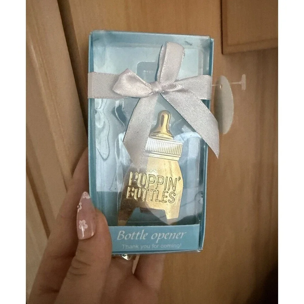 Poppin’ Bottles Gold Metal Bottle Opener Baby Shower Favor Gift Box Tag